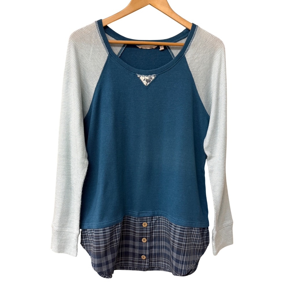 Soft Surroundings Mixed Media Plaid Hem Top Size Large Teal Waffle Knit Raglan